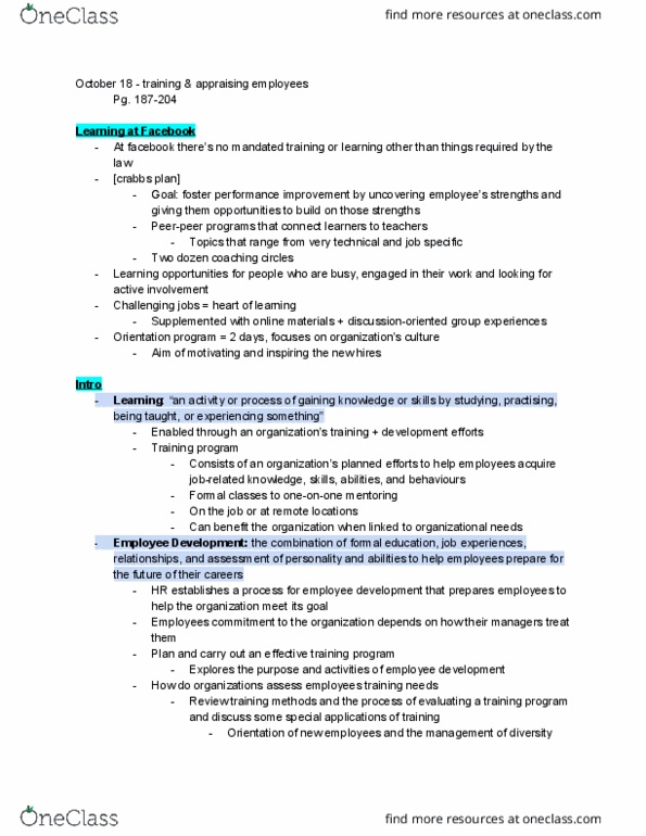 Management and Organizational Studies 1021A/B Chapter Notes - Chapter training & appraising employees: Performance Improvement, Performance Appraisal, Job Performance thumbnail
